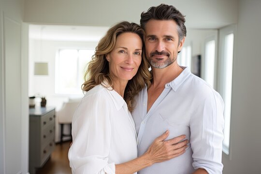 A mature, loving couple in their 40s to 50s sharing romantic moments in their cozy home.