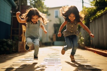 Girls Playing Hopscotch. Generative Ai - obrazy, fototapety, plakaty