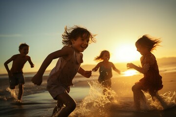 Group of Friends playing on Beach. Generative Ai - obrazy, fototapety, plakaty