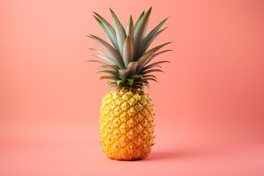 Gold Pineapple on a pink background, top view, copy space. Summer background concept.Pink Pineapple Paradise
