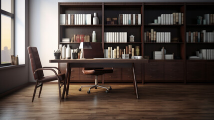 a spacious office with white walls and dark brown hardwood floors A large mahogany desk is in the center of the room and two brown leather chairs are in front of it - obrazy, fototapety, plakaty