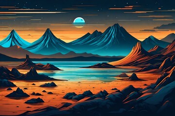 Sea or ocean desert, uninhabited island shore night landscape with active, ready for eruption volcano, mountain top fiery glowing in darkness cartoon vector illustration. Tectonic or volcanic activity - obrazy, fototapety, plakaty