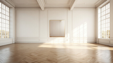 A spacious room with a dark hardwood floor and white walls