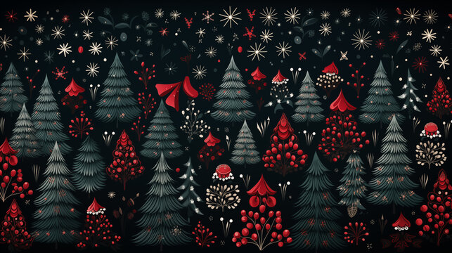 christmas trees with red decoration on red blackground