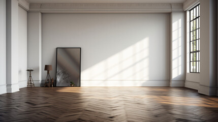 A spacious room with a dark hardwood floor and white walls