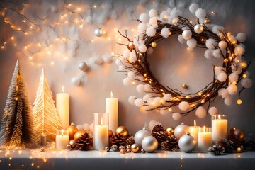 Christmas Decoration Night Lights, White Xmas Decor Tree Branch, Wreath and Candles on Wall