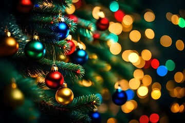 Fototapeta na wymiar Beautiful christmas tree close-up shine red blue yellow and green xmas ligts