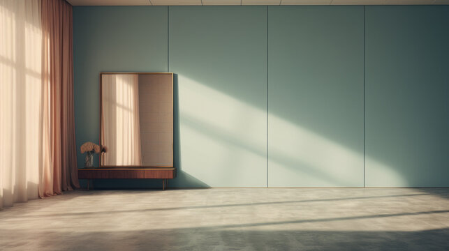 A Spacious Room With Light Brown Walls And A White Tiled Floor A Single Window With Light Blue Curtains Is Visible In The Corner