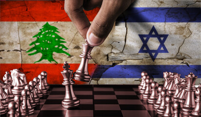 Israel vs Lebanon war concept on chessboard. Political tension between Lebanon and Israel. Conflict...