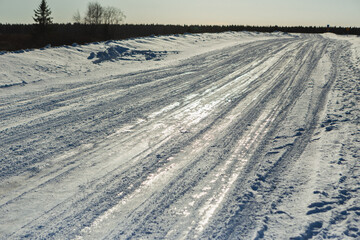 Slippery Winter road in a tundra