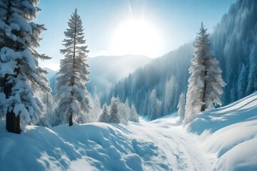 Pine trees in mountains and falling snow in fairy tale winter sunny morning. Soft ligth effect.