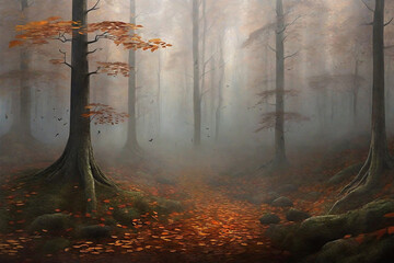 Mysterious autumn forest with fog and fallen leaves,