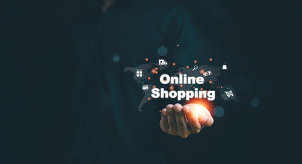 Business providing online shopping services throughout the world. Product sales, delivery shop. Man holding global with online shopping, credit card, delivery, market, gift. e-commerce tech concept