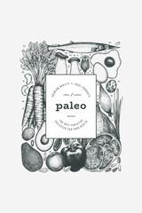 Paleo Diet Design Template. Vector Hand Drawn Healthy Food Banner. Vintage Style Menu Illustration.