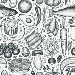 Paleo Diet  Seamless Pattern. Vector Hand Drawn Healthy Food Background. Vintage Style Menu Illustration. - 677122158
