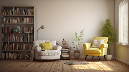 a spacious room with pale yellow walls and dark brown wooden flooring and white curtains draped over the window A grey armchair sits in the corner and next to a white bookcase filled with books