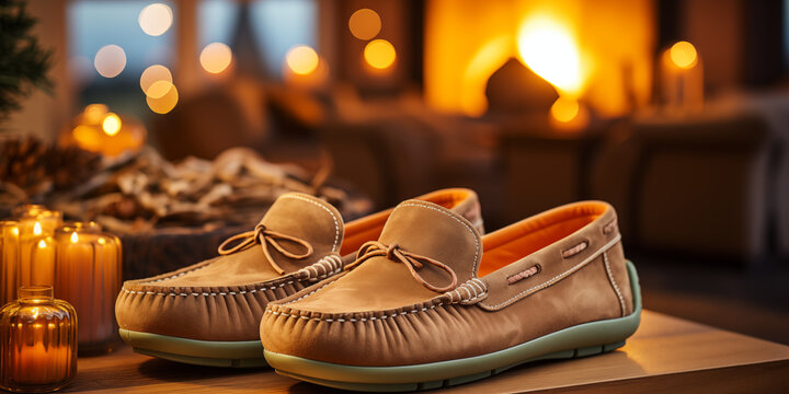 Schicke Hausschuhe als Weihnachtsgeschenk mit Kamin im Hintergrund im Querformat, ai generativ