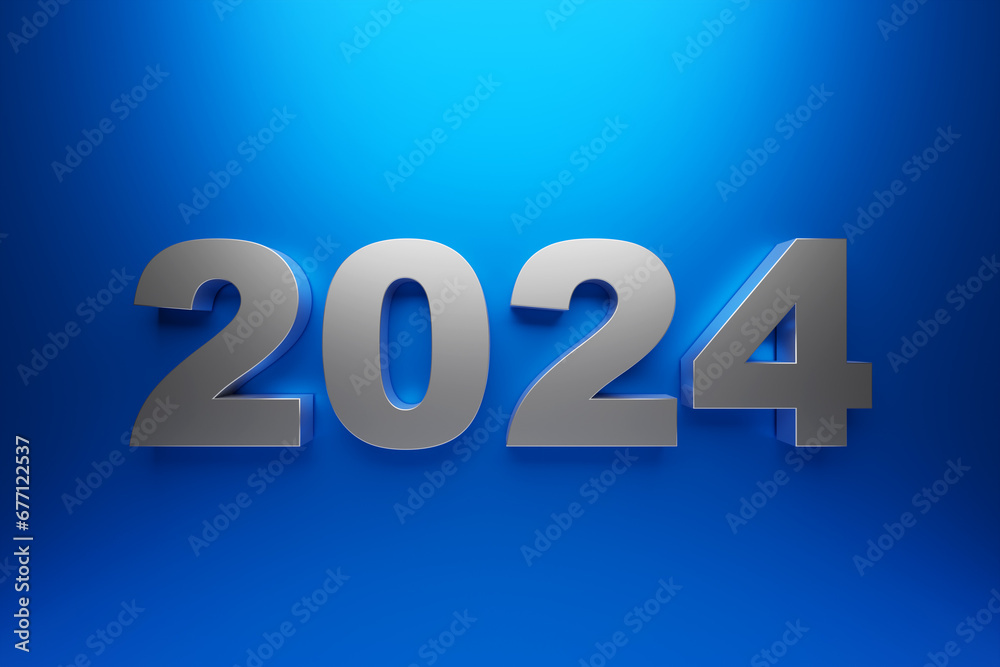 Fototapete 2024 new year card with 3d realistic year number on blue background. 3d illustration. volumetric fig