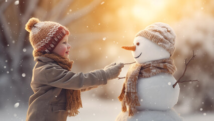 A smiling child having a happy time with a snowman outdoors on a warm winter day