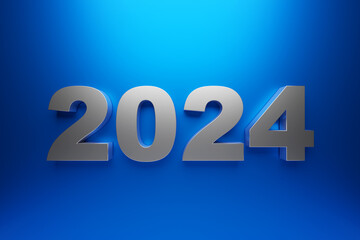 2024 new year card with 3d realistic year number on blue  background. 3D illustration. Volumetric figures 2024 at an angle, space for text for New Year's greetings, New Year's corporate banner