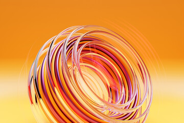 3D illustration of a  colorful   glowing,  luminous torus shape on  orange background