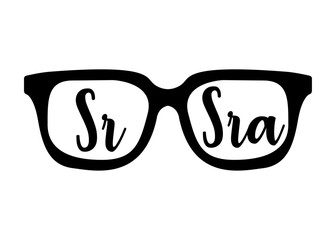 Logo con silueta de gafas de sol con letras palabra Sr and Sra en español en texto manuscrito para su uso en invitaciones y tarjetas - obrazy, fototapety, plakaty