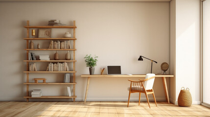 Fototapeta premium a study with a beige wall and a wooden floor and a wooden desk and a chair and a bookshelf and a window