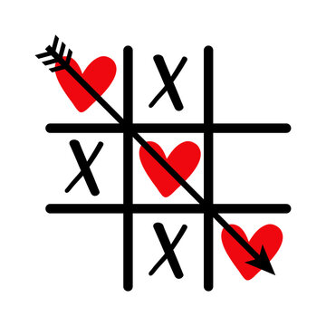 Símbolo de juego lineal tic tac toe con letras X y corazones con una flecha para su uso en tarjetas y felicitaciones de San Valentín