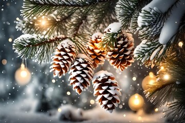 Christmas Decoration Banner - Snowy Pine Cones On Fir Branch With Lights