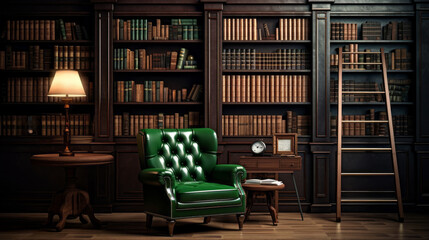 a study with a dark wood desk and shelves filled with books and a green armchair