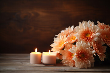Fototapeta na wymiar Orange autumnal flowers in vase and lit candle on wooden background
