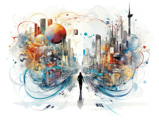 Person in the middle of a cityscape with illustrative focus to the center