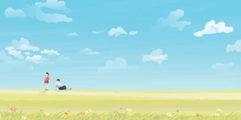 Gardinen Couple of lover in the grass field with blue sky background vector illustration have blank space. Valentine's day greeting card template. © Wasitt