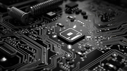 Fototapeta premium Black and White Cartoon Style PCB Board with Wires