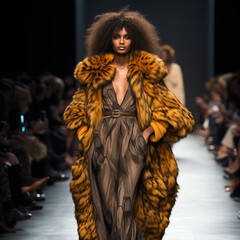 Black supermodel walks in elegant fur coat on the runway. African female model demonstrates winter collection at a fashion show. AI-generated