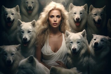Une magnifique femme blonde, entourée d'une meute de loups blancs