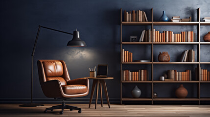 a study with a desk and shelves and a comfortable armchair