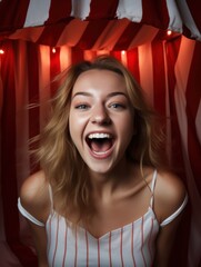 Une jeune femme expressive qui rie aux éclats, arrière-plan blanc et rouge