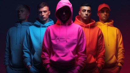 Cinq jeunes hommes qui posent en sweat-shirt à capuche, couleurs vives et différentes,...