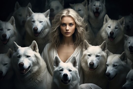 Une magnifique femme blonde, entour&eacute;e d'une meute de loups blancs