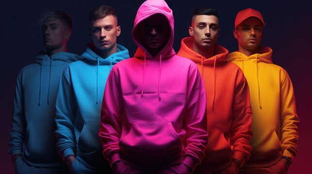 Cinq jeunes hommes en sweat-shirt &agrave; capuche, couleurs vives et diff&eacute;rentes, arri&egrave;re-plan noir.
