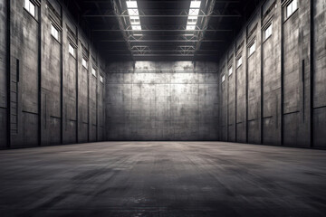 The symmetrical grandeur of an empty industrial hall, with natural light softly illuminating the vast concrete space.