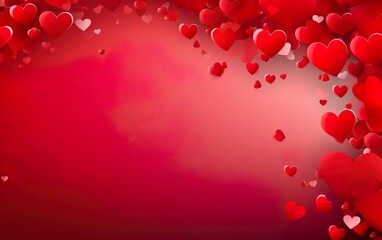 Obraz premium Red background banner with scattered little red hearts. Copy space, flat lay. Valentines day, engagement or wedding party poster. AI Generative