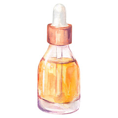 Glass bottle with essential oil on a white background. Watercolor illustration. For printing on labels and packaging