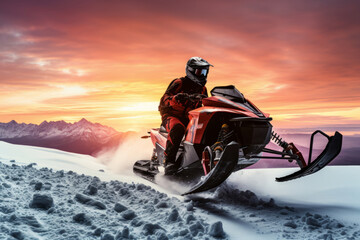 A man rides a snowmobile against the backdrop of a beautiful red sunset, winter active recreation on snowmobiles