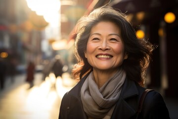 Mature Asian woman smiling happy face on city street