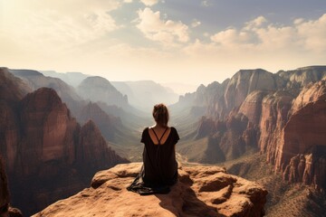 A young woman sitting on a rock overlooking canyons