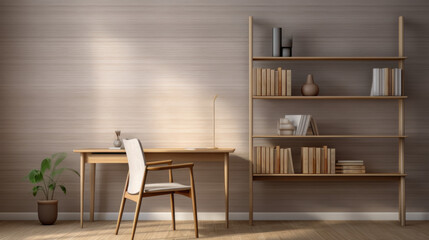 a study with a gray wall and a wooden floor and a wooden desk and a chair and a bookshelf - obrazy, fototapety, plakaty