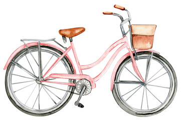 Watercolor women's pink bicycle with a basket for flowers. Hand drawn illustration. Design for baby shower party, birthday, cake, holiday celebration design, posters, greetings card, invitation.