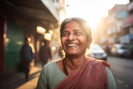 Mature Indian woman smiling happy face on a street